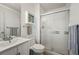 Bathroom with white vanity and frosted glass shower at 4829 Baldwin Pl, Boulder, CO 80301