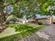 Beautiful backyard with mature trees, green lawn, brick patio, and gravel accents, perfect for outdoor living at 10371 Monterey Cir, Northglenn, CO 80260