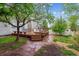 Private backyard features a wooden deck, mature trees, and beautiful landscaping at 6519 Eastview St, Longmont, CO 80504