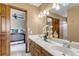 Bathroom featuring a double sink vanity with marble countertop and wooden cabinetry at 3254 Red Tree Pl, Castle Rock, CO 80104