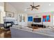 Cozy living room showcasing a fireplace, built-in shelving, and comfortable seating, ideal for relaxing and entertaining at 2015 Saddleback Dr, Castle Rock, CO 80104