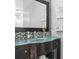 Modern bathroom featuring a stylish vanity with a glass countertop and mosaic tile backsplash at 5752 S Jasmine St, Greenwood Village, CO 80111