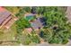 An aerial view shows the property's expansive outdoor spaces with pool, patio, mature trees offering privacy at 1 Lindenwood Dr, Littleton, CO 80120