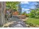 Private backyard with stone patio and mature trees offers a tranquil outdoor space with lots of shade at 1 Lindenwood Dr, Littleton, CO 80120