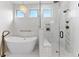Bright bathroom with a freestanding tub and glass shower, showcasing modern fixtures and design at 16671 Red Cliff Cir, Morrison, CO 80465