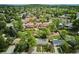 An aerial view shows homes surrounded by lush trees in a peaceful neighborhood setting at 6410 Independence Way, Arvada, CO 80004