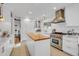 Bright kitchen features butcher block island, stainless steel appliances, white cabinetry, and subway tile backsplash at 160 Bristlecone Way, Boulder, CO 80304