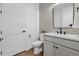 Half bathroom features light colored subway tile, modern fixtures, and white vanity at 1136 Hillside Ln, Louisville, CO 80027