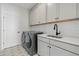 Well-lit laundry room with modern washer, dryer, and ample cabinet space at 1136 Hillside Ln, Louisville, CO 80027