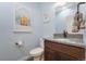 Charming powder room featuring blue walls, granite countertop, and stylish decor for a modern feel at 2222 N Washington St, Denver, CO 80205