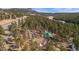 An aerial view shows the house close to a road and nestled between the area's trees at 27231 Log Trl, Conifer, CO 80433