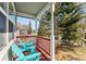 Inviting front porch with red railings and cozy blue Adirondack chairs, perfect for relaxing outdoors at 57 Audrey Cir, Breckenridge, CO 80424