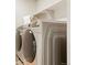 Modern laundry room with front loading washer and dryer plus upper shelving for organized storage solutions at 6041 N Orleans St, Aurora, CO 80019