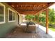 Covered patio with wooden beams and comfortable seating, perfect for outdoor relaxation at 2214 E 101St Ave, Thornton, CO 80229