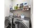 Efficient laundry room equipped with modern washer and dryer and practical shelving at 2404 Horse Shoe Cir, Fort Lupton, CO 80621