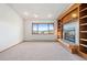 Carpeted room with fireplace and shelving at 29011 Upper Moss Rock Rd, Golden, CO 80401