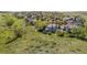 Wide aerial view showing a home surrounded by an expansive yard, mature trees and a wooden fence at 9728 Ashleigh Ln, Highlands Ranch, CO 80126