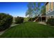 Lush green backyard with a deck and staircase, creating an inviting outdoor living space at 9728 Ashleigh Ln, Highlands Ranch, CO 80126