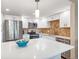 Modern kitchen with stainless steel appliances, white cabinetry, backsplash and a large island with white countertops at 13961 E Marina Dr # 414, Aurora, CO 80014