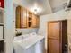 Functional laundry area with modern washer and dryer, ample storage space, and practical shelving at 7700 N Depew St # 1518, Arvada, CO 80003