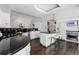 A spacious kitchen with black countertops, a breakfast bar, and stainless steel appliances at 1940 Blake St # 300, Denver, CO 80202