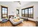 Comfortable bedroom with three windows offering scenic views and a modern platform bed at 3148 Keep Dr, Sedalia, CO 80135