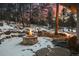 Exterior shot of the backyard fire pit on stone pavers, surrounded by snowy landscaping and pine trees at 2492 Baldy Ln, Evergreen, CO 80439