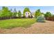 Spacious backyard with lush lawn, mature trees, and rock landscaping at 13008 Grove Way, Broomfield, CO 80020