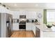 Well-lit kitchen with stainless steel appliances, white cabinets, and granite countertops at 22323 E 6Th Pl, Aurora, CO 80018