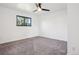 Bright bedroom with a black ceiling fan, carpet, and a black trimmed window at 4933 S Xenon Ct, Morrison, CO 80465