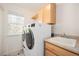 Functional laundry room with washer, dryer, sink, and ample cabinet space at 25362 E Indore Dr, Aurora, CO 80016