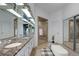 Luxurious bathroom with a mirrored ceiling, a glass-enclosed shower, and a long vanity at 2434 Hearth Dr # C1, Evergreen, CO 80439