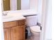 Bathroom features a white toilet and a vanity with wood cabinets at 7627 Halleys Dr, Littleton, CO 80125
