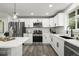 A well-lit, updated kitchen with white cabinets and stainless steel appliances at 9591 W Florida Pl, Lakewood, CO 80232