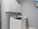 Modern laundry room with white front load washer and dryer and upper cabinets for storage at 5541 S Eaton St, Littleton, CO 80123