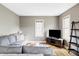 Cozy living room featuring a comfortable gray sofa and modern entertainment setup at 3365 S Grant St, Englewood, CO 80113