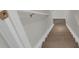 Stairway leading downstairs with painted risers, white trim and handrail at 16048 Elizabeth St, Thornton, CO 80602