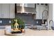 Close-up of a kitchen highlighting the stainless steel appliances, modern faucet, and decorative backsplash at 7517 Copper Sky Ct, Castle Pines, CO 80108