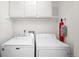 Functional laundry room with modern white appliances and storage cabinets at 11945 W 66Th Pl # A, Arvada, CO 80004