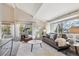 Airy living room boasts vaulted ceilings, ample natural light, and a cozy seating arrangement with modern accents at 14072 W Alaska Dr, Lakewood, CO 80228