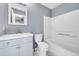 Clean bathroom with gray vanity and white tile at 4427 Andes Way, Denver, CO 80249