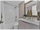 Bathroom showcasing white cabinets, modern fixtures, and a shower-tub combination at 3640 Summertime Ct, Monument, CO 80132