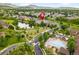 Overhead view showing community pool and neighborhood with water feature and mountain backdrop and location pin at 5723 S Union Ct, Littleton, CO 80127