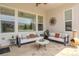 Stylish covered patio with comfortable seating, elegant decor, and tiled floor, perfect for relaxing and entertaining at 14582 Mission Walk Loop, Parker, CO 80134