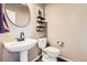 Charming powder room with pedestal sink, round mirror, decorative shelves, and neutral paint at 10694 Cedarcrest Cir, Highlands Ranch, CO 80130