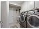 Well-equipped laundry room with modern washer and dryer, overhead cabinets, and a utility sink at 15207 W Ellsworth Pl, Golden, CO 80401