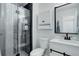 Updated bathroom with a shower including a glass door and white vanity with black hardware at 1885 S Quebec Way # D22, Denver, CO 80231