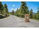 Community entrance featuring a stone sign, lush trees, and an inviting road leading into the neighborhood at 3064 Elk View Dr, Evergreen, CO 80439