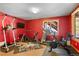 Home gym featuring an exercise bike, a treadmill, free weights, and a wall-mounted TV at 3064 Elk View Dr, Evergreen, CO 80439