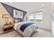 Hockey themed bedroom has blue accent wall and views of open land at 3352 N Buchanan Way, Aurora, CO 80019